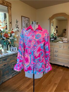 Vibrant Pink & Blue Paisley Button-Up Blouse
